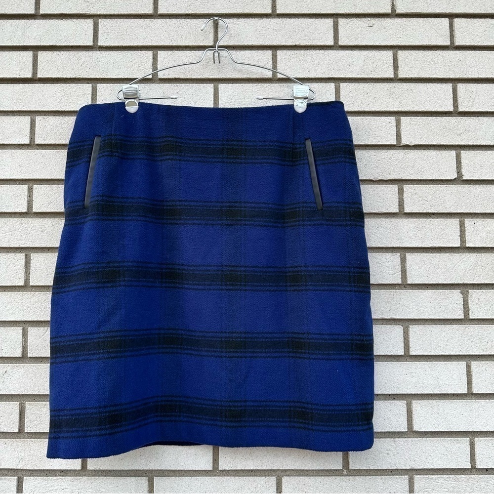 Talbots Royal Blue Black Plaid Wool Blend Pencil Skirt Lined Back Slit 22W
